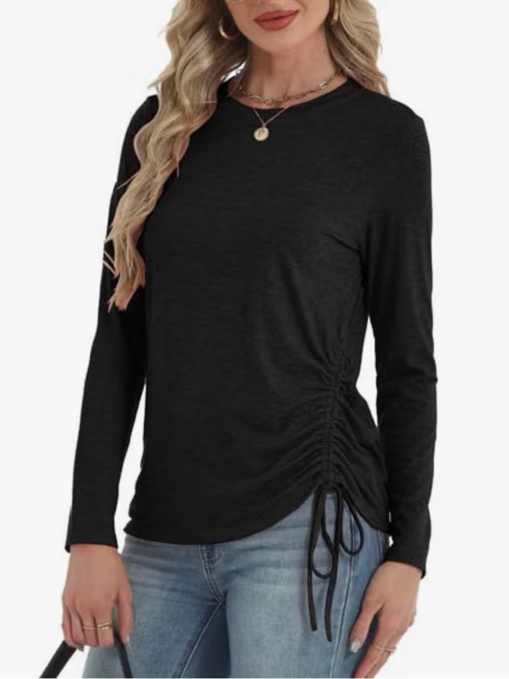 Women’s Black Long-Sleeve Side Ruched Top